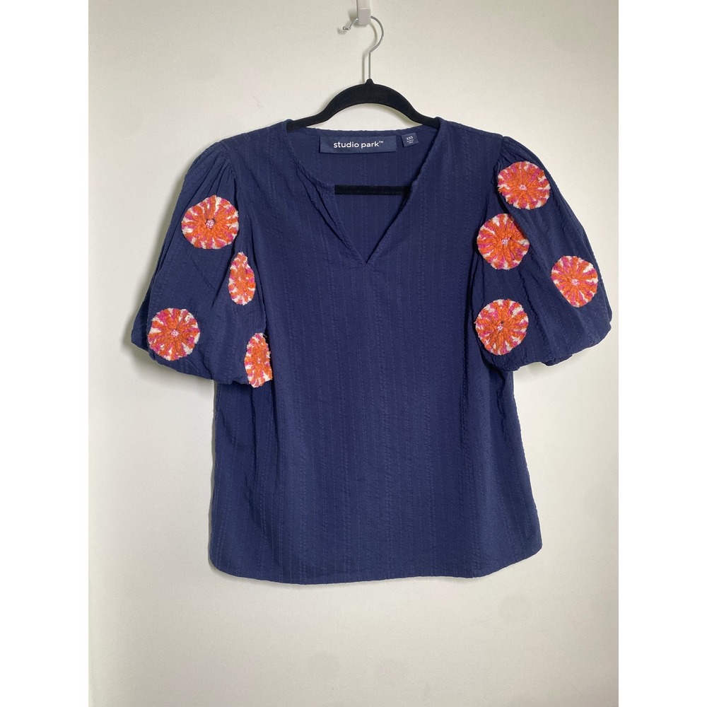 Studio Park Blouse Womens XXS Navy Blue New Puff Sleeve Crochet Floral Top